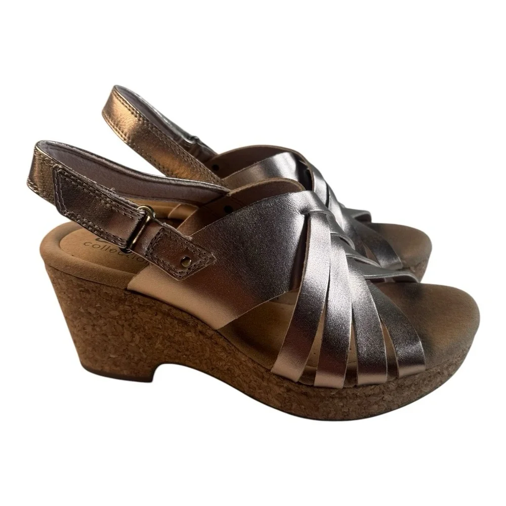 Clarks Collection Womens Metallic rRose Strappy Cork Wedge Sandals 7.5 M
